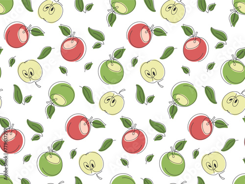 Hand drawn apples whole and half seamless pattern. Red green Abstract natural organic fruit. Simple modern illustration. Pattern for packaging design  wallpaper  cover  fabric print