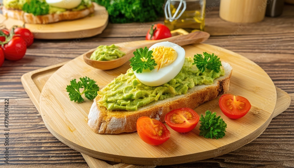Avocado Toast with Boiled Egg & Tomatoes on a Wooden Board Avocado Toast with Boiled Egg & Tomatoes on a Wooden Board