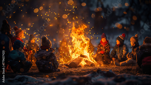 A group of children sit around a fire, with some of them wearing red hats