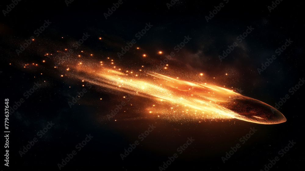 Dramatic scene of meteor or comet, engulfed in flames and light, hurtling through dark expanse of space, dynamic and visually striking depiction of celestial event, cosmonautics day or space day - obrazy, fototapety, plakaty 