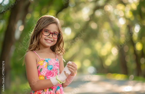 Happy little girl with an arm cast in a pink dress and glasses stands on the street against green trees  holding her broken hand wrapped in a bandage  wearing medical equipment for children s medicine