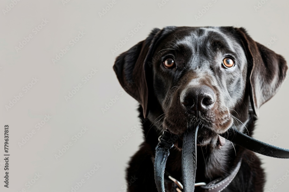 Labrador with leash in mouth ready for walk Labrador with leash in mouth ready for walk