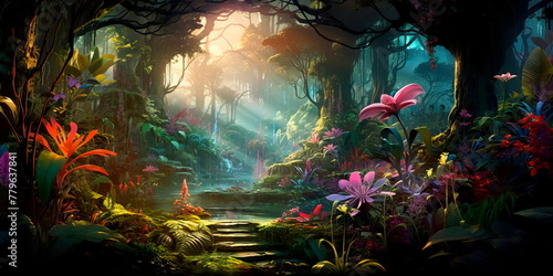 Tropical forests intertwined with colorful flowers and plants. Generative AI