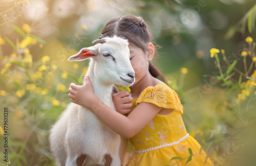 little girl in yellow dress hugging white goat