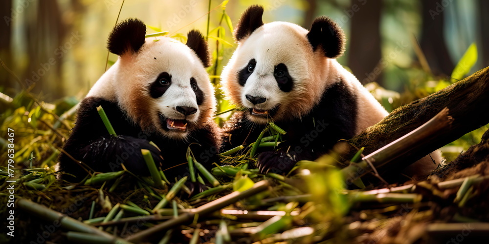 Fototapeta premium giant pandas playing in a bamboo forest in China. Generative AI