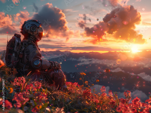 Astronaut in a metallic Exosuit sitting among mountain flowers at sunset