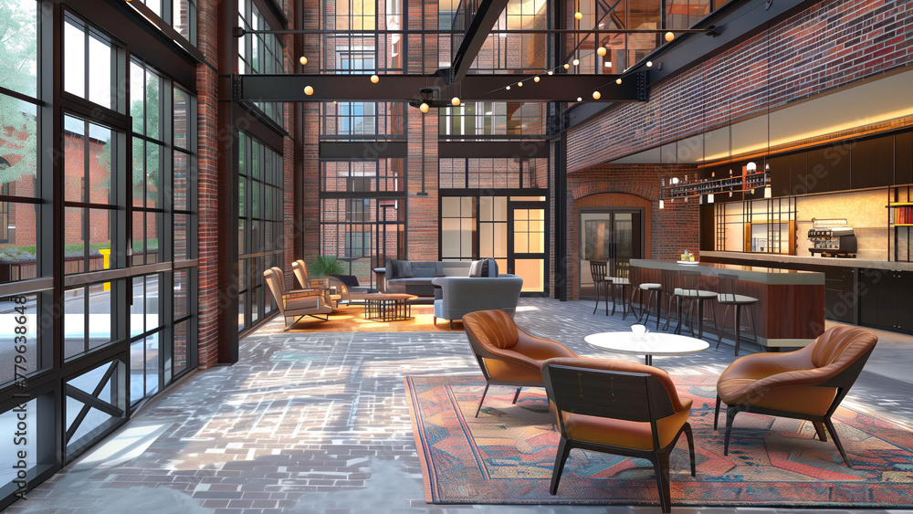 Industrial-chic lounge with high ceilings and exposed brickwork. Industrial-chic lounge with high ceilings and exposed brickwork.