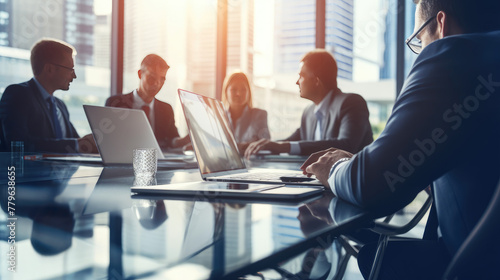 Teamwork, meeting and business people in discussion at the table in modern office for brainstorming and planning. group of corporate employees working on project together in workplace boardroom