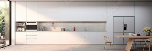 minimalist kitchen with built-in appliances and simple kitchen cabinets. Generative AI