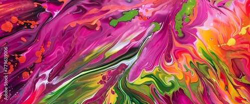 Vivid bursts of magenta and lime green weave together, forming a lively dance on a canvas of radiant liquid hues."