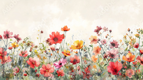 A painting of a field of flowers with a bright, cheerful mood
