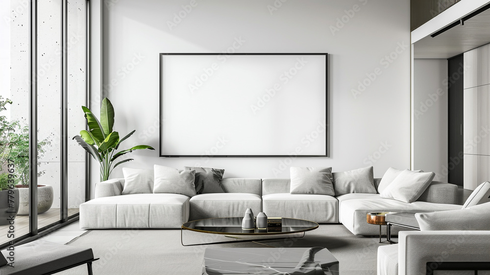 A mockup of a modern living room with a blank black frame on the wall A mockup of a modern living room with a blank black frame on the wall