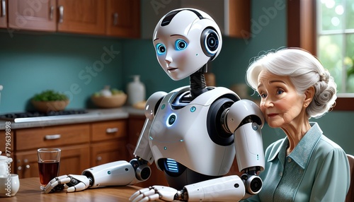 An elder woman shares a moment with a domestic robot in a kitchen, illustrating the companionship and assistance robots can provide at home.. AI Generation