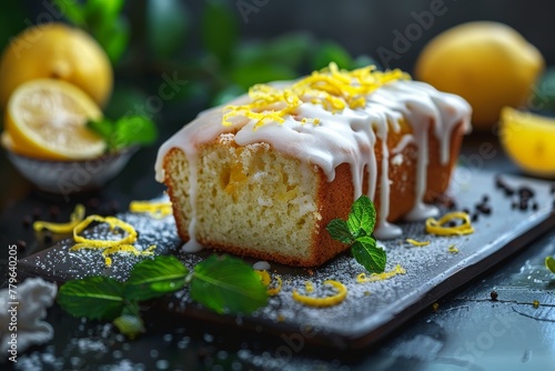Lemon cake with sweet icing lemon peel citrus poppy seeds loaf