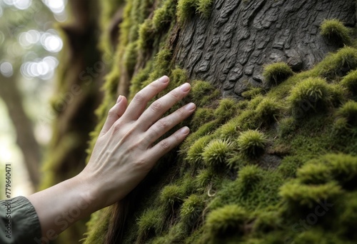 Hand on Mossy Tree Amid Fallen Leaves