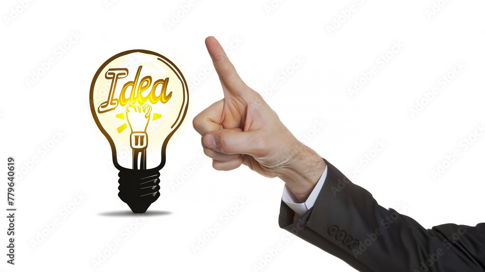 businessman with light bulb with glowing text Idea inside and hand pointing upwards isolated on white background, concept idea businessman with light bulb with glowing text Idea inside and hand pointing upwards isolated on white background, concept idea
