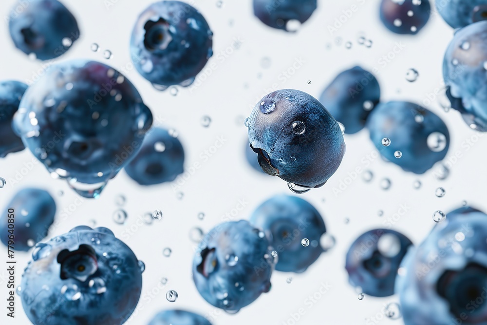 Ripe blueberries flying in the air on white background Ripe blueberries flying in the air on white background