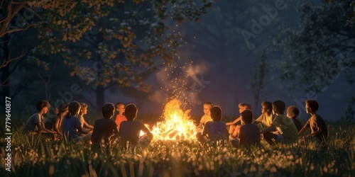 A group of people are sitting around a fire in a field. Scene is warm and inviting, as the group of people are gathered together to enjoy the warmth and light of the fire photo