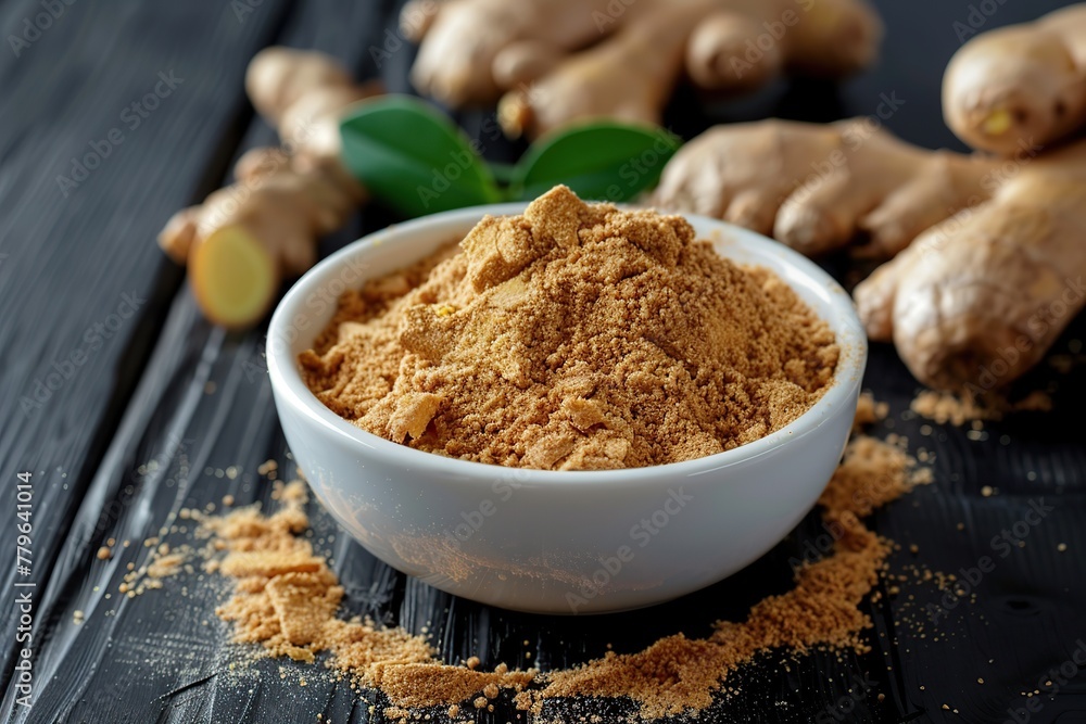 Ground dry ginger in bowl on wooden table Ground dry ginger in bowl on wooden table