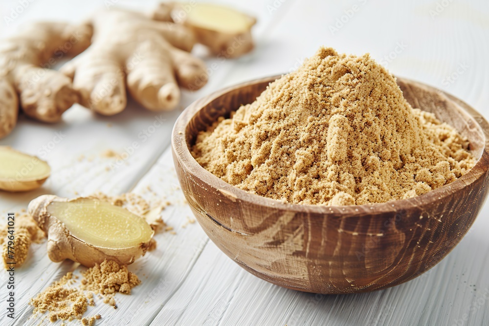 Ground dry ginger in bowl on wooden table Ground dry ginger in bowl on wooden table