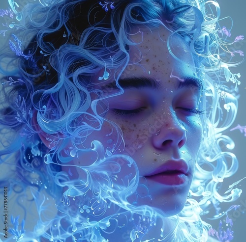 Stylized Female Portrait with Glowing Effects and Blue Hues
