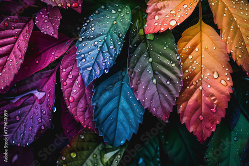 Colorful leaves with water droplets, closeup, colorful background, mobile wallpaper © PHAISITSAWAN