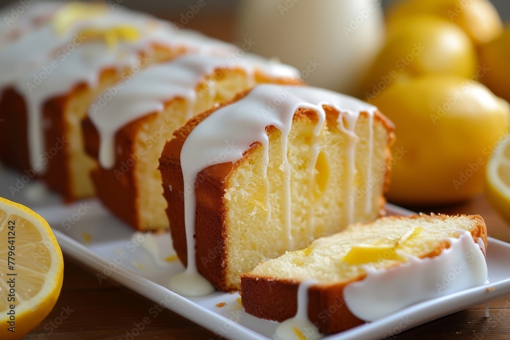 Lemon pound cake with icing and lemon slices Lemon pound cake with icing and lemon slices
