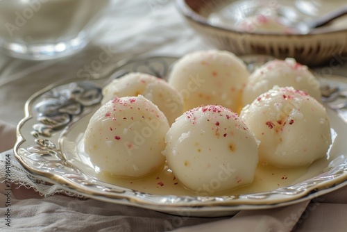 Lichi kulfis on plate with milk glass in background focused