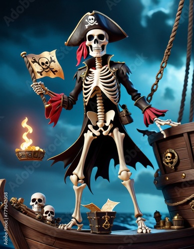 A whimsical pirate skeleton with a parrot on its shoulder stands aboard a miniature ship, embodying the adventurous spirit of sea legends.. AI Generation