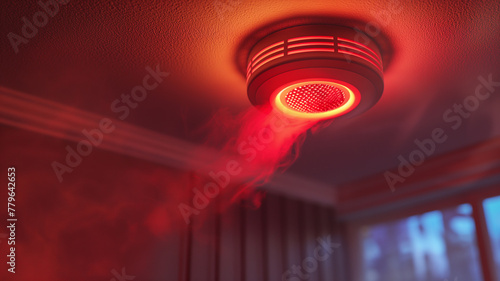 A red smoke detector is lit up and spewing smoke photo