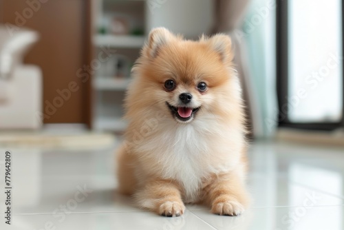 Pomeranian puppy with short hair cute happy groomed white tile floor home
