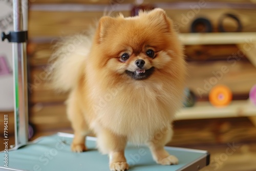 Pomeranian Spitz being groomed at Dog Show table