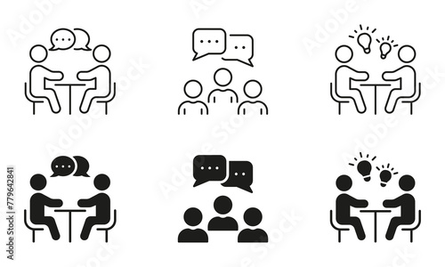 People Talk On Meeting Line and Silhouette Icon Set. Business Conference Pictogram. Office Table Conversation Symbol Collection. Brainstorming At Work Sign. Isolated Vector Illustration
