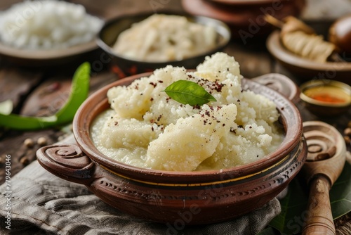 Popular South Indian dish made with tapioca grated coconut and chutney in Kerala India served with Fish curry a traditional root vegetable from Brazil