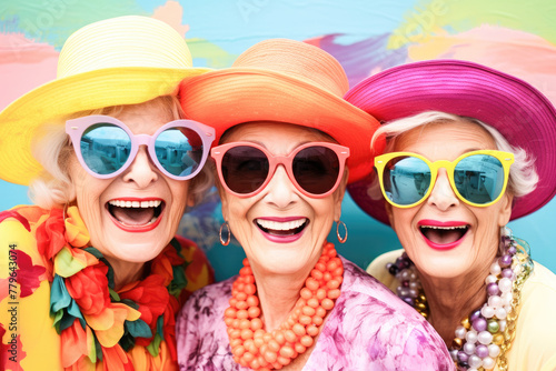 Outdoor portrait of females old aged friends together with sunglasses having fun. Group of mature women friends posing for a photo in summer outdoor in a leisure activity. Forever young concept. 