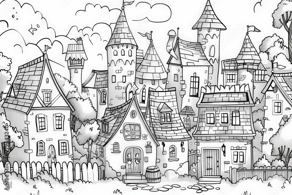 Coloring Page A detailed black and white drawing capturing the grandeur of a medieval castle standing tall with intricate architecture.