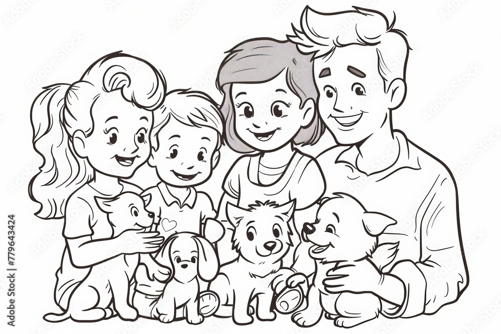 Coloring Page A family of four, two children and two dogs, enjoying a fun day together outdoors.