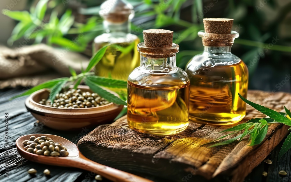 CBD Oil and Hemp Seeds on Wooden Surface CBD Oil and Hemp Seeds on Wooden Surface
