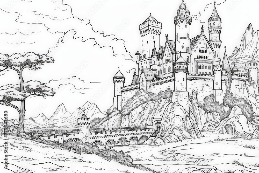 Coloring Page A detailed drawing of a grand castle standing proudly atop a rugged mountain, set against a picturesque sky.