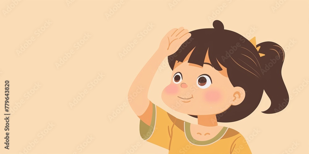 A girl with a ponytail is looking up at the camera. She is smiling and has her hand on her head