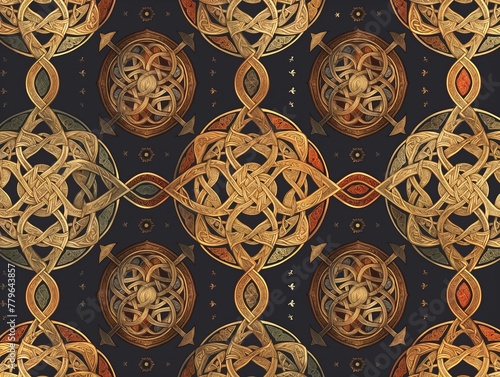A gold and brown patterned background with a circle in the middle. The circles are all different sizes and are arranged in a way that creates a sense of movement photo