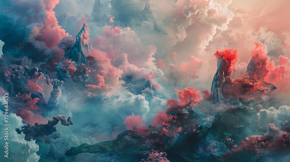 Magenta mist weaving intricate tales amidst a surreal dreamscape of teal and coral. - obrazy, fototapety, plakaty 