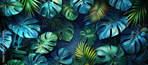 A variety of tropical leaves create a lush green pattern on a dark background  resembling a terrestrial plants vibrant ecosystem. The electric blue accents mimic water reflections in nature