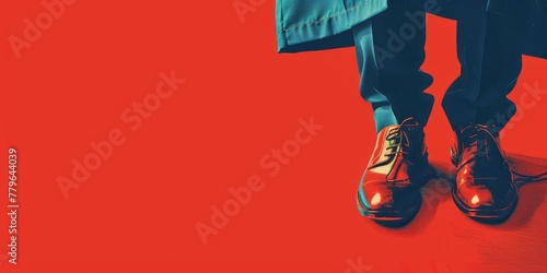 A man in a red coat and red shoes stands on a red background photo