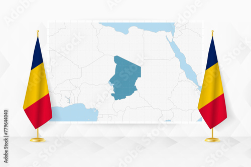 Map of Chad and flags of Chad on flag stand.