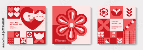 Set of Mother's Day posters, greeting card, banner, label, sale promotion template, cover in geometric style. Geometric print, geometric pattern