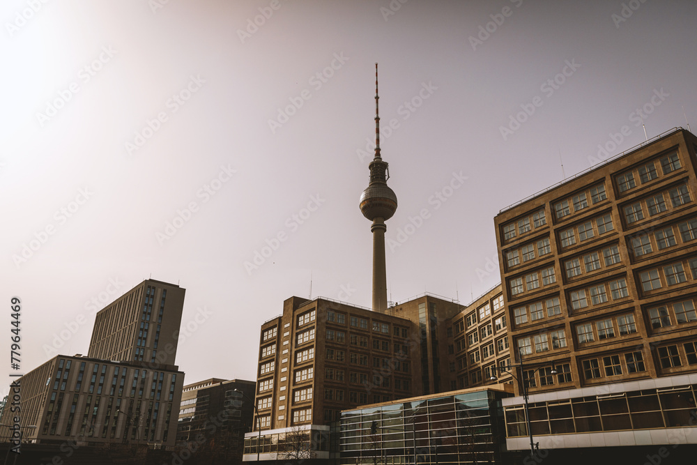 Fototapeta premium Neighborhoods of East Berlin with a TV tower in the center.