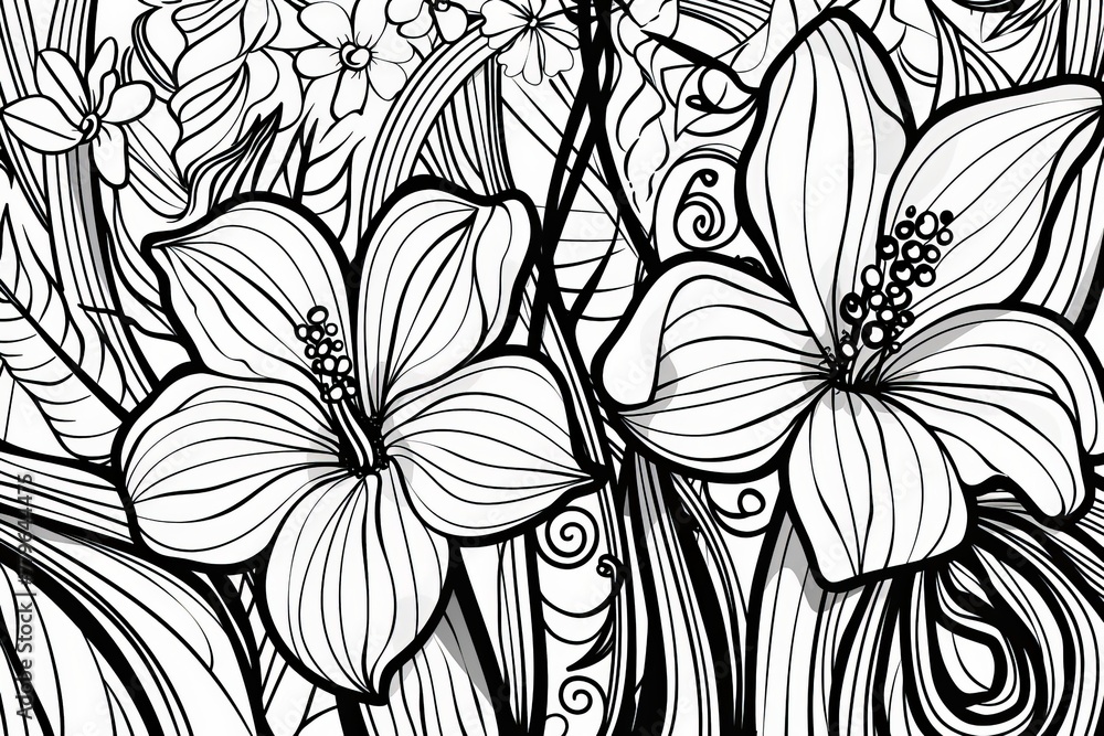 Coloring Page A black and white drawing featuring intricate flower designs in full bloom, showcasing delicate petals and elegant stems. Coloring Page A black and white drawing featuring intricate flower designs in full bloom, showcasing delicate petals and elegant stems.