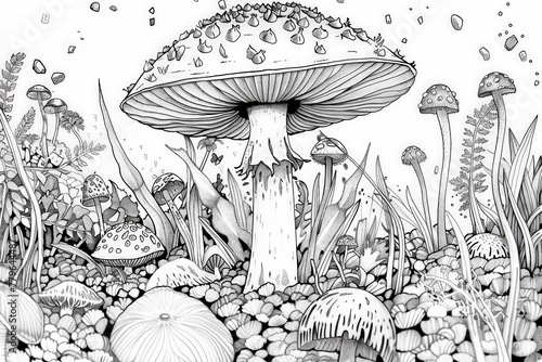 Coloring Page Detailed black and white drawing of a mushroom, showcasing intricate patterns and textures.