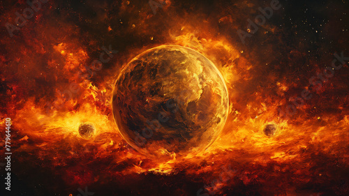 A planet with a fiery surface and a few other planets in the background